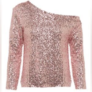 NORMA KAMALI SEQUINED OFF-SHOULDER TOP IN METALLIC ROSE
